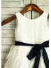 Ivory Taffeta Ruffle Flower Girl Dress With Navy Blue Sash
